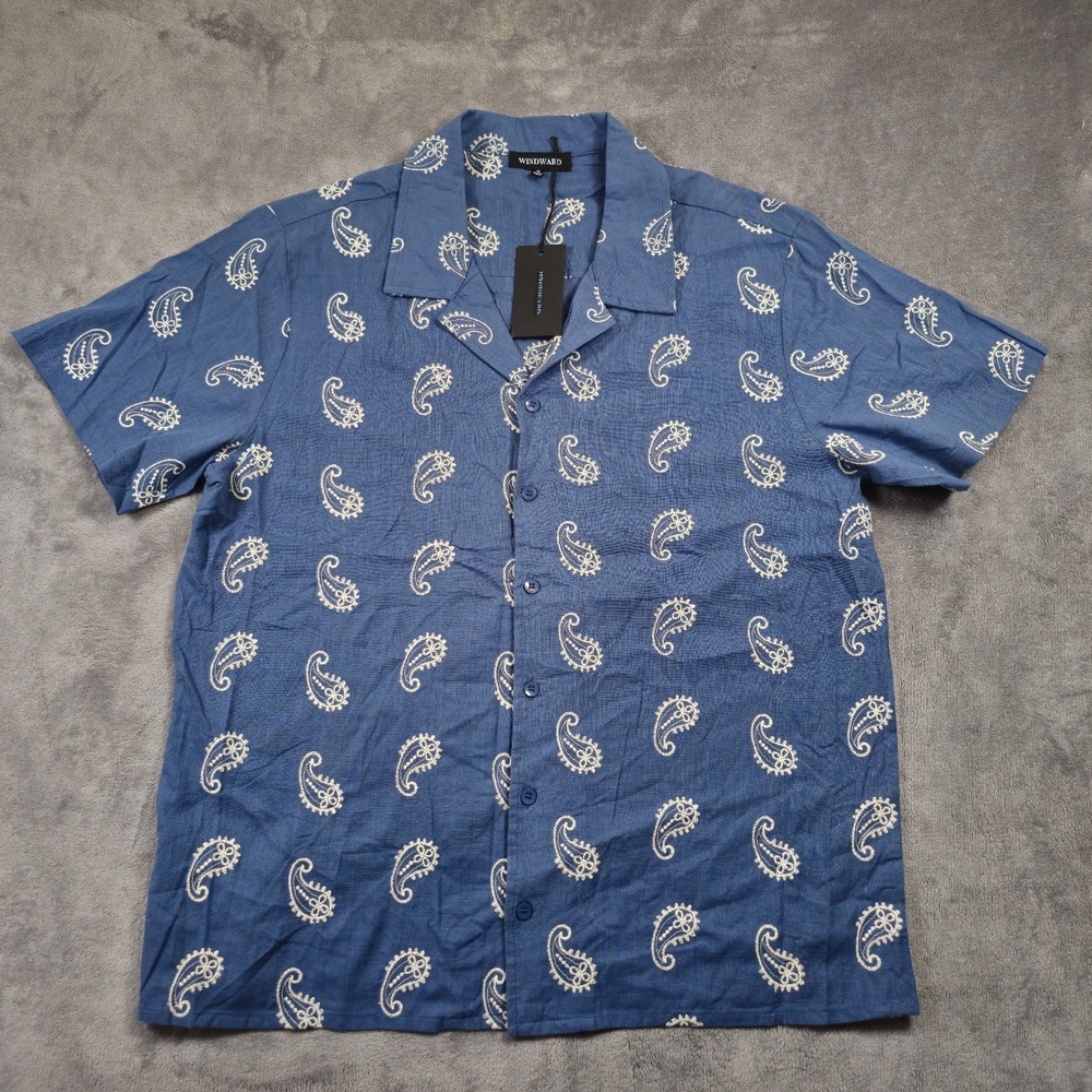 Windward Mens Short Sleeve Button Camp Shirt Blue M Paisley Embroidery All Over